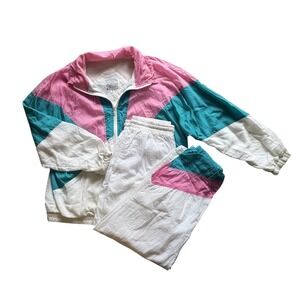 Vintage 80s 90s Colorblock Windbreaker Tracksuit Pink Teal White Unisex Medium